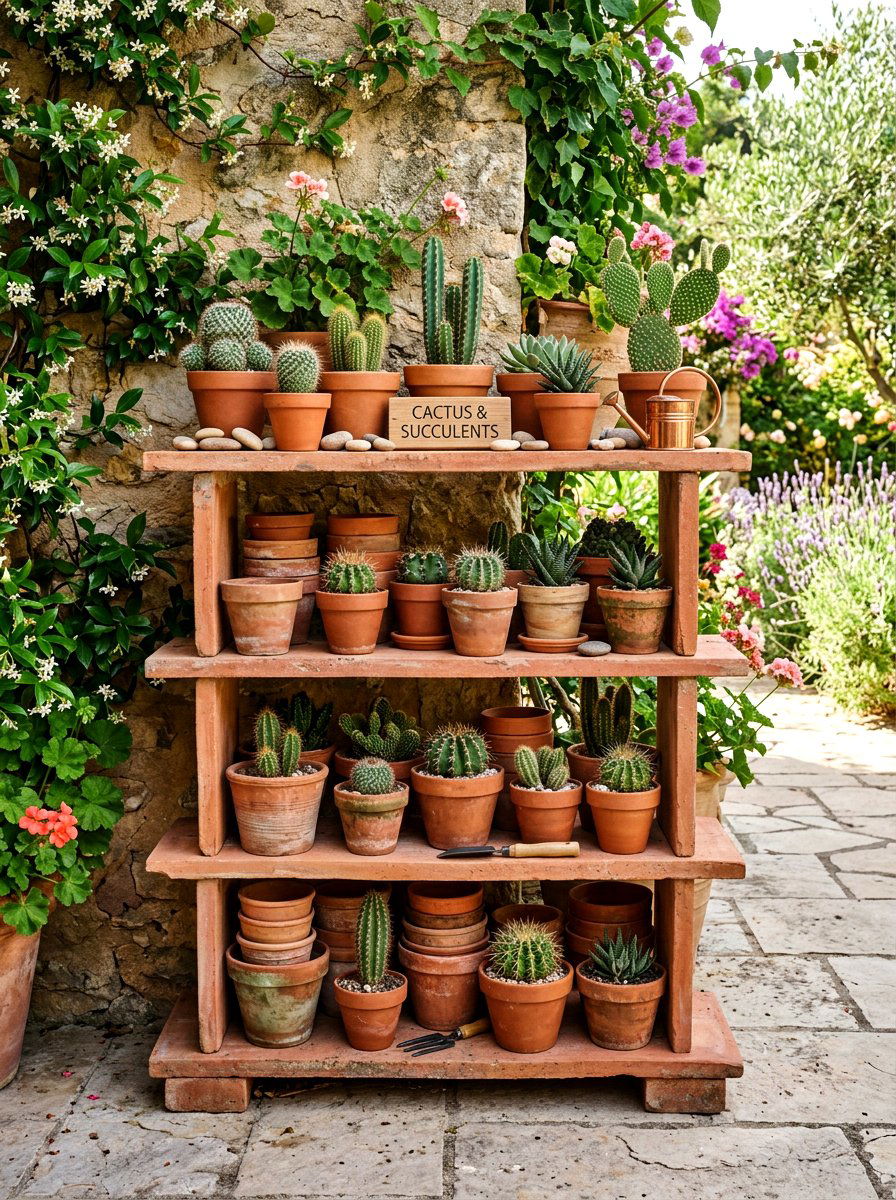 Terracotta garden shelf - 30 summer shelf decor ideas