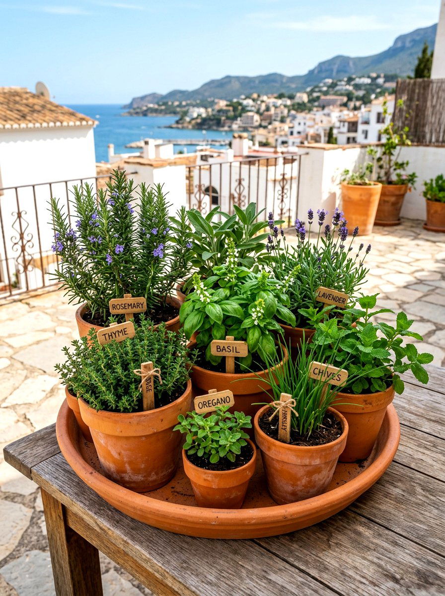 Terracotta herb garden set - 30 apartment herb garden ideas