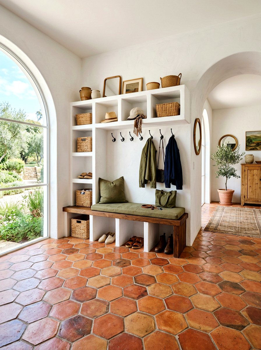 Terracotta hexagon floor tile - 30 patterned mudroom tile ideas