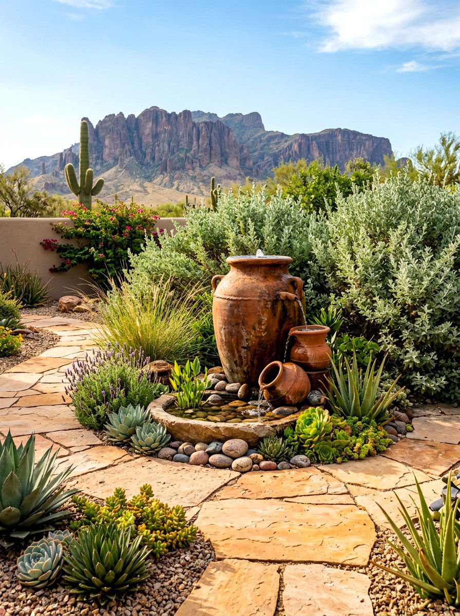 Terracotta jar fountain - 30 courtyard fountain ideas