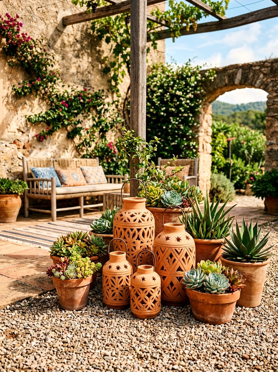 Terracotta lantern cluster - 30 lantern patio cluster ideas