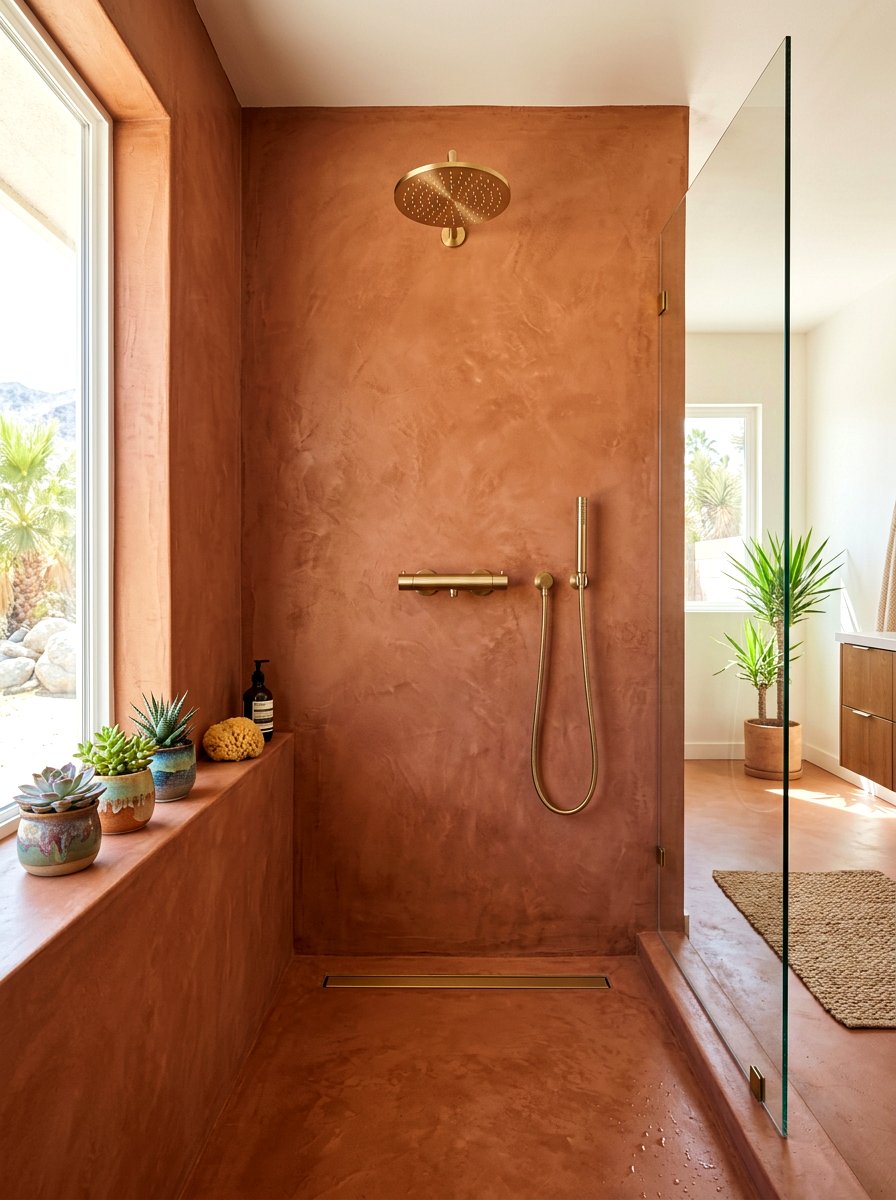 Terracotta microcement shower - 30 microcement shower ideas