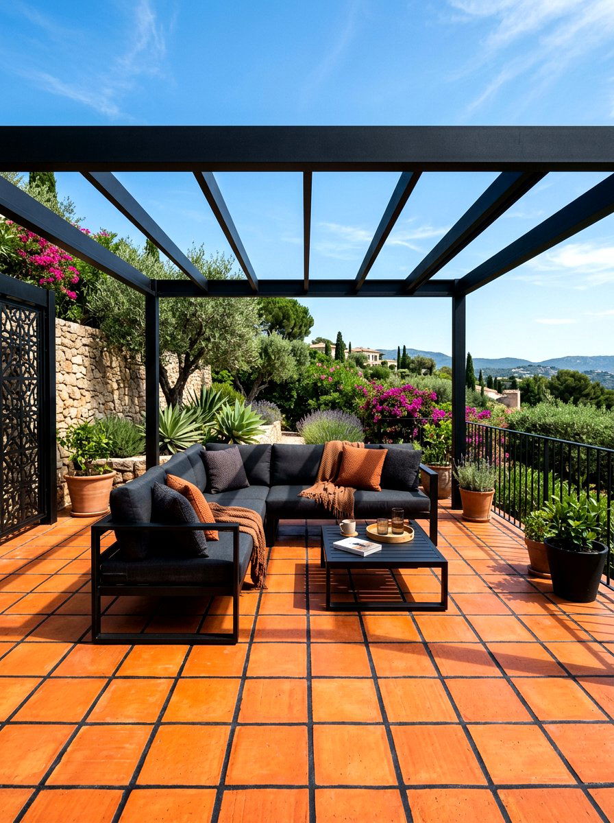 Terracotta patio with black accents - 30 terracotta patio ideas