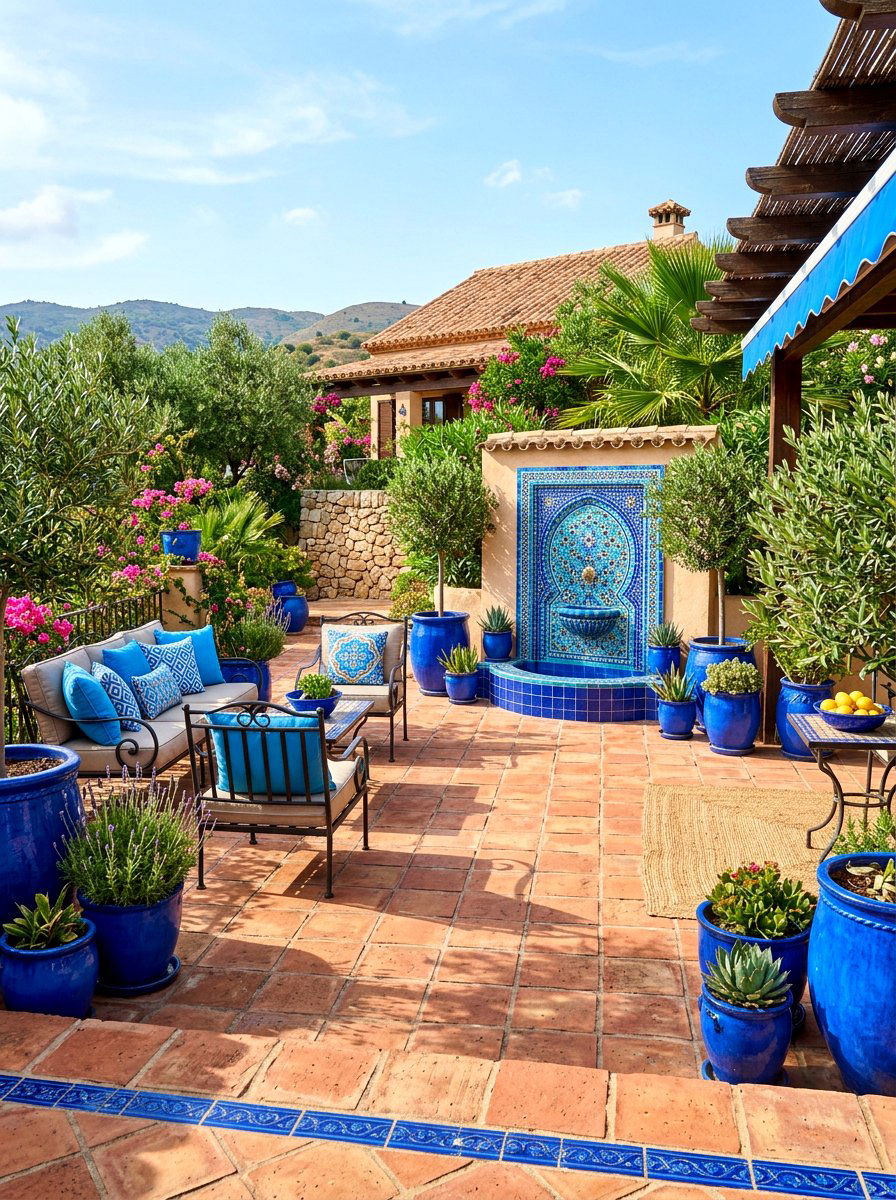 Terracotta patio with blue accents - 30 terracotta patio ideas