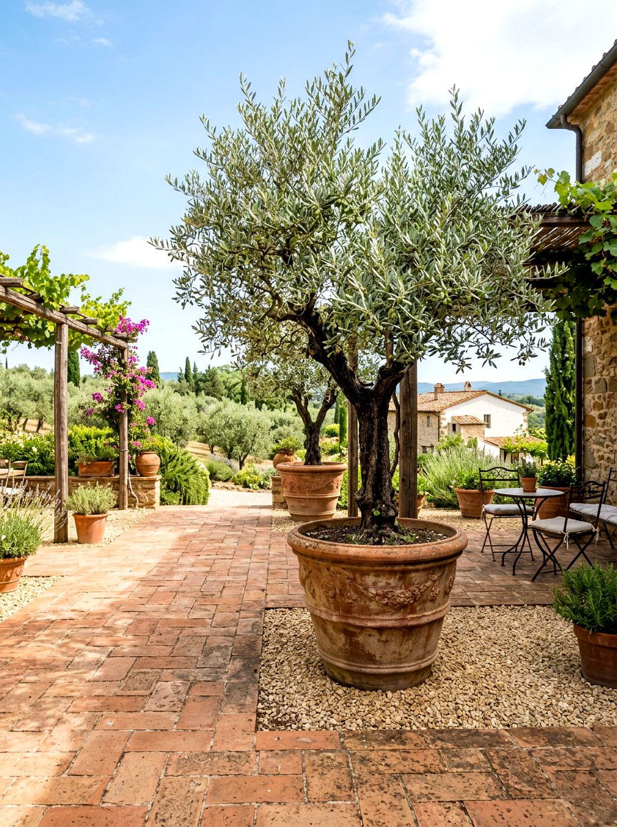 Terracotta patio with olive trees - 30 terracotta patio ideas