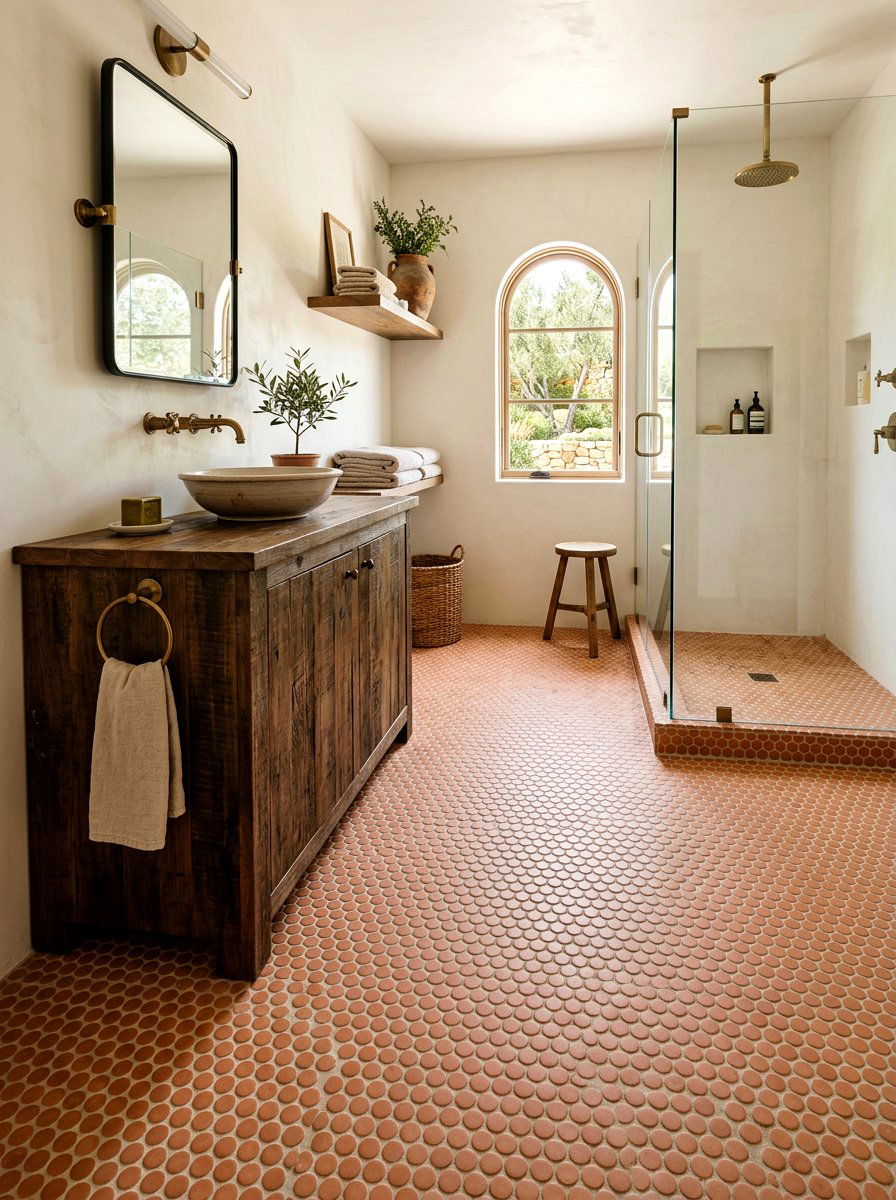 Terracotta penny tile floor - 30 penny tile bathroom ideas