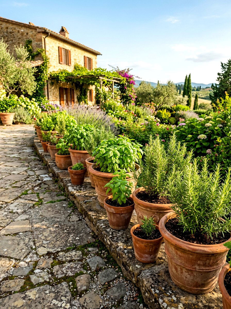 Terracotta pot border - 30 herb patio border ideas