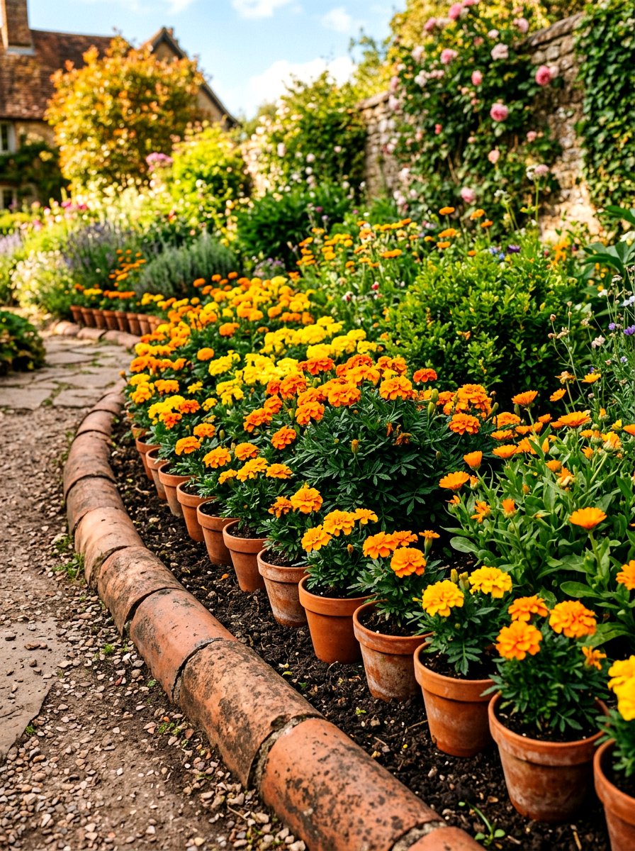 Terracotta pot border - 30 garden edging ideas