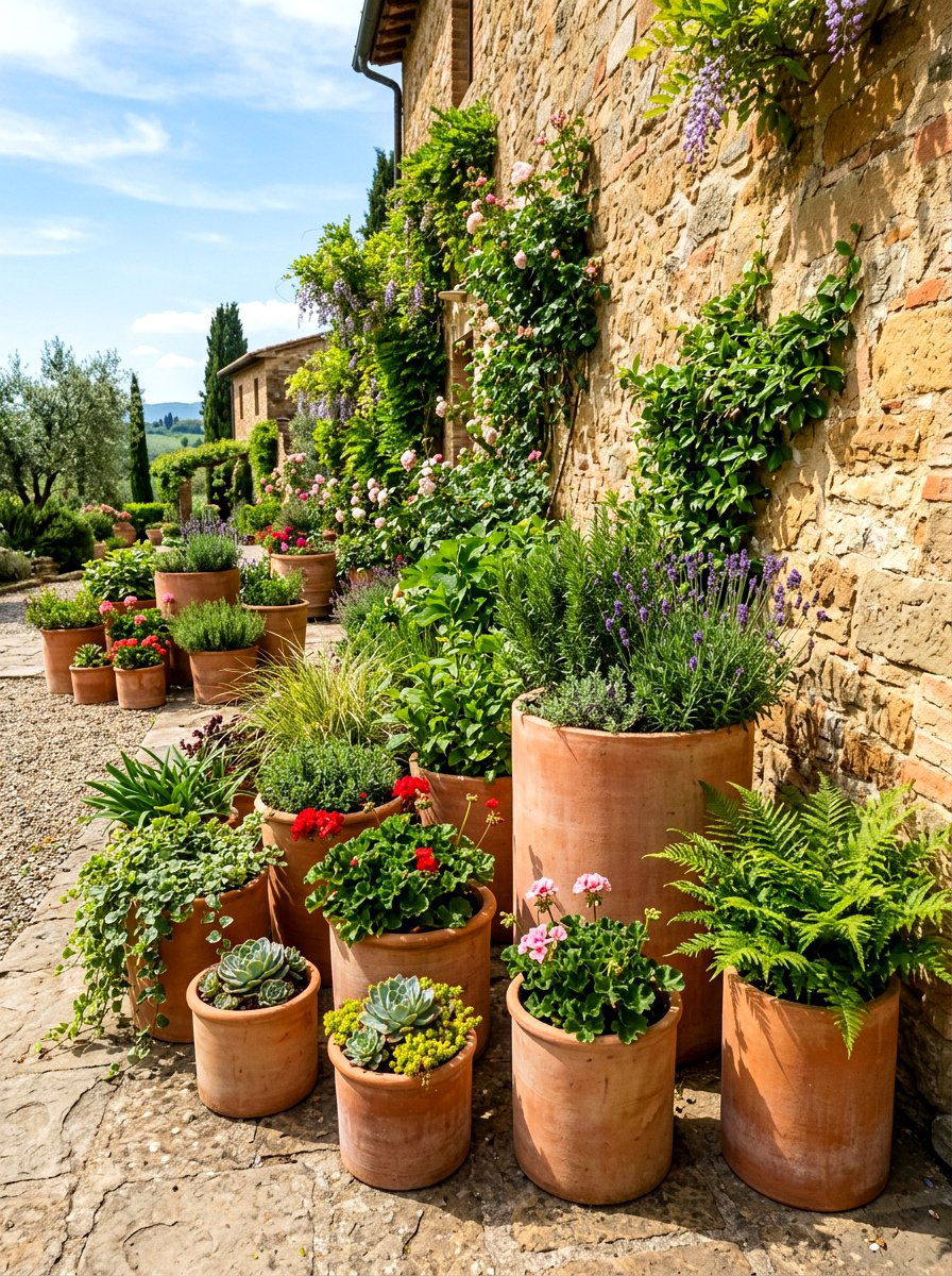 Terracotta pot garden display - 30 warm minimalist garden ideas