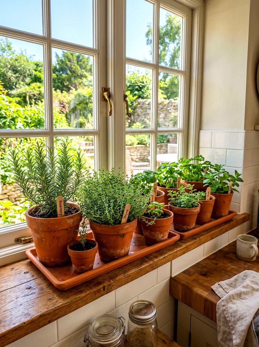 Terracotta pot herb garden - 30 windowsill herb garden ideas