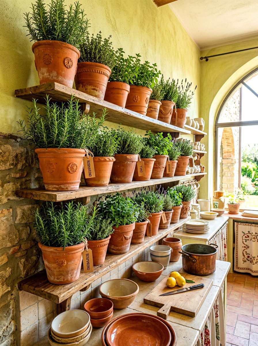 Terracotta pot kitchen display - 30 fall kitchen shelf decor ideas