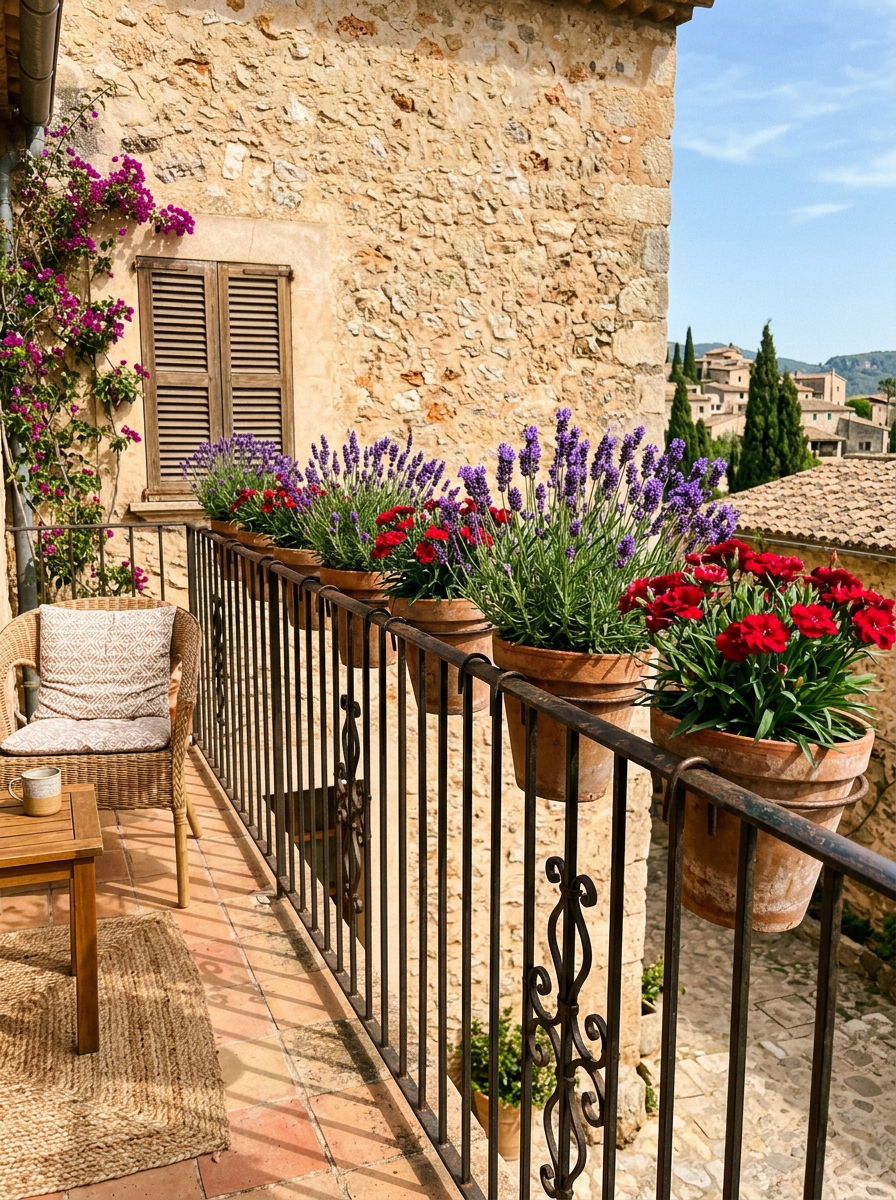 Terracotta pot rail holder - 30 railing planter ideas