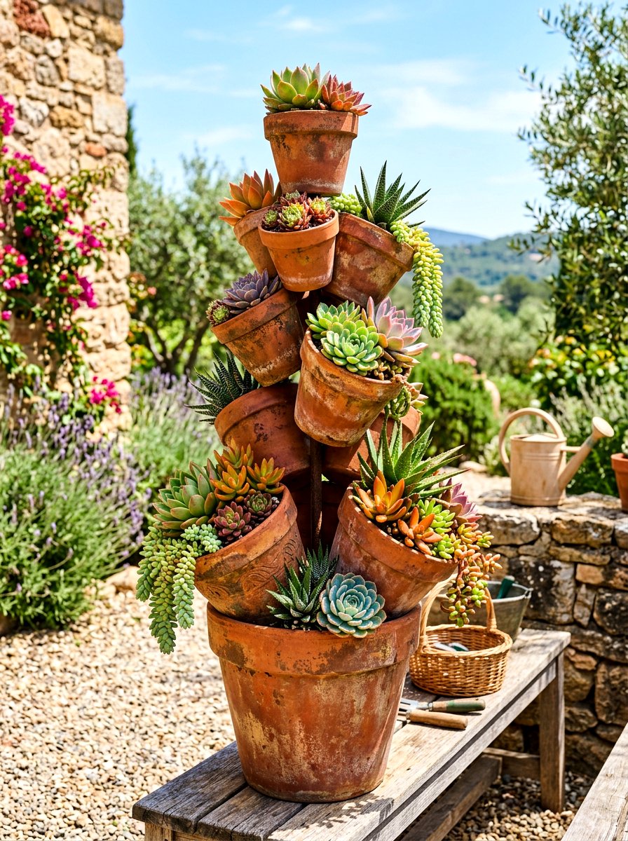 Terracotta pot stack - 30 rustic garden ideas