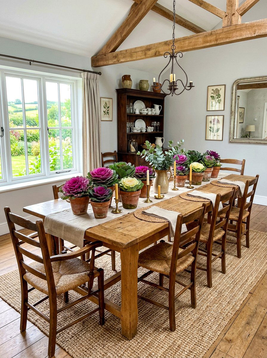 Terracotta pots with ornamental cabbage decor - 30 cabbagecore dining room ideas