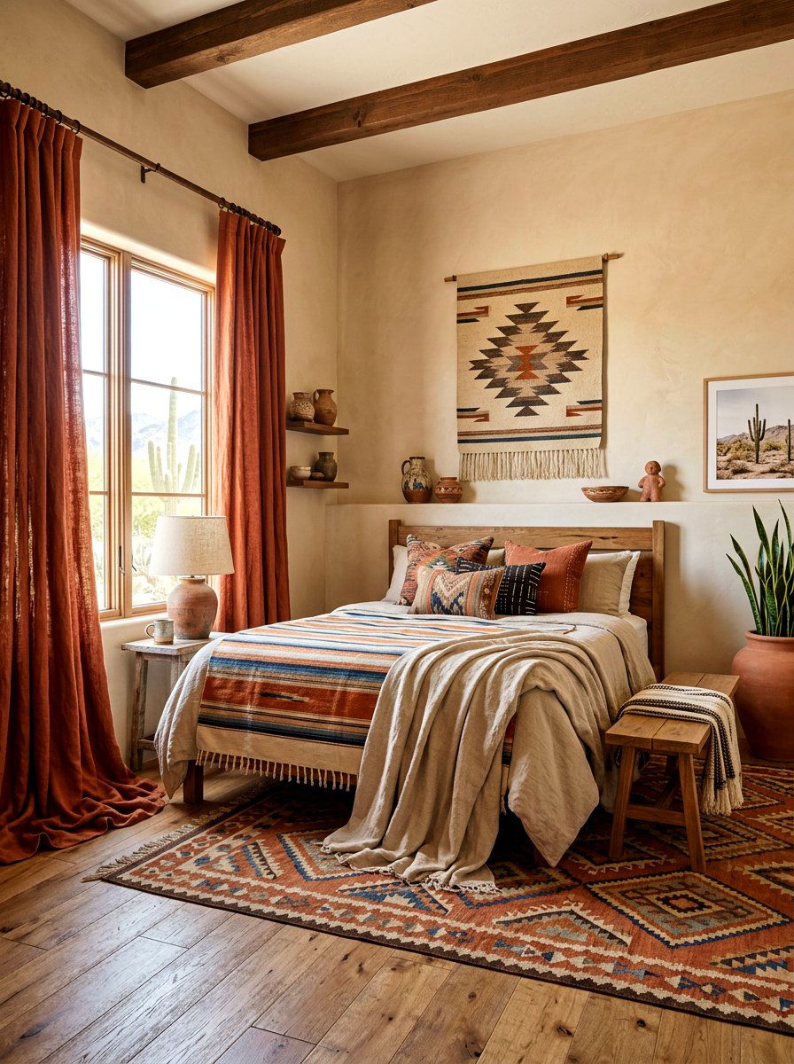 Terracotta puddled linen curtains - 30 puddled curtains bedroom ideas