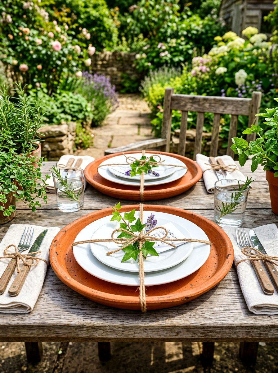 Terracotta saucer plate charger display - 30 garden salad tablescape ideas