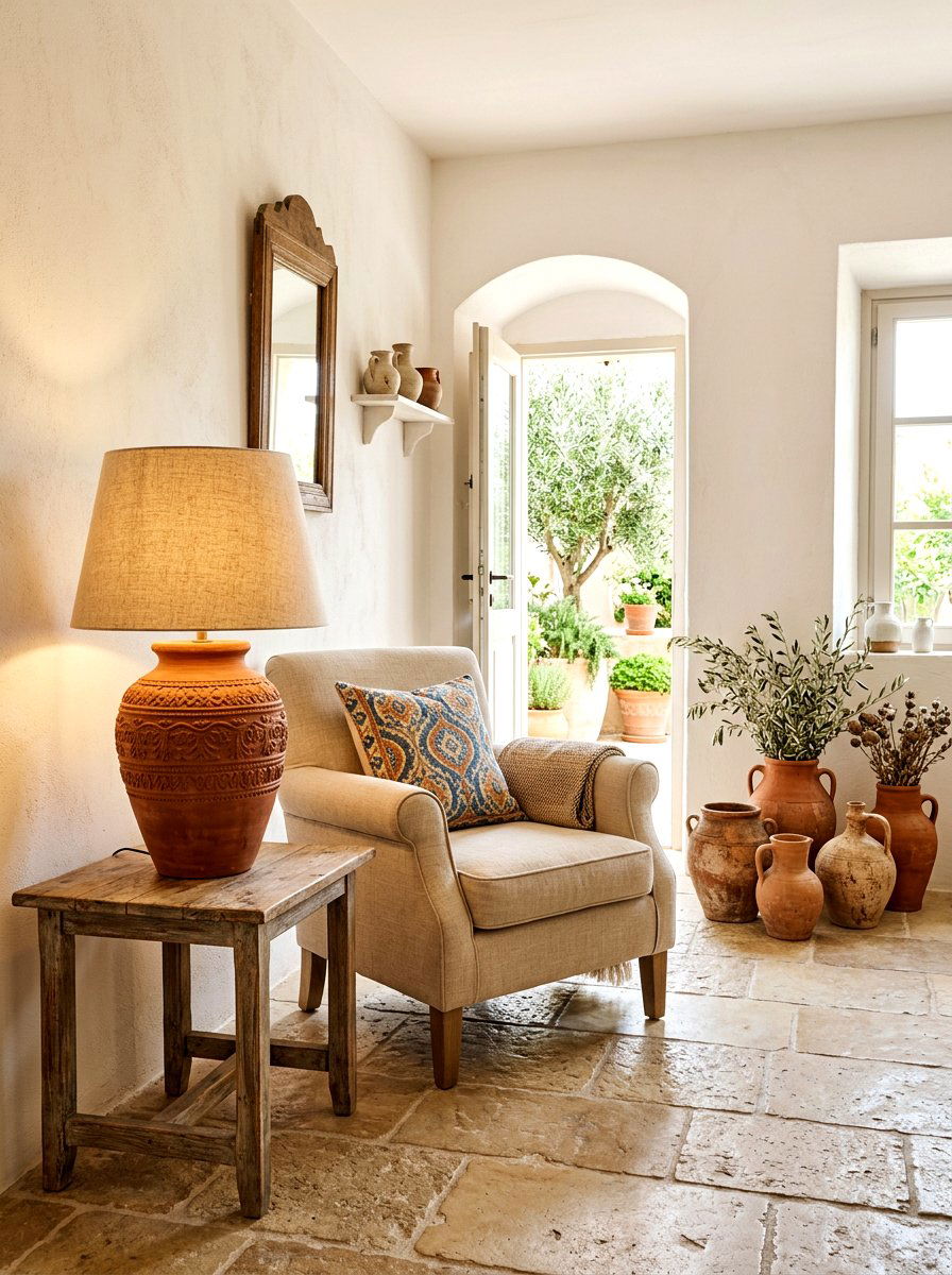 Terracotta table lamp - 30 cozy lamp lit living room ideas