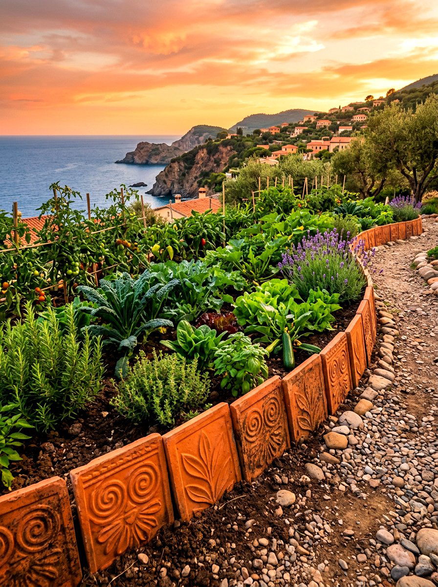 Terracotta tile border - 30 vegetable garden border ideas