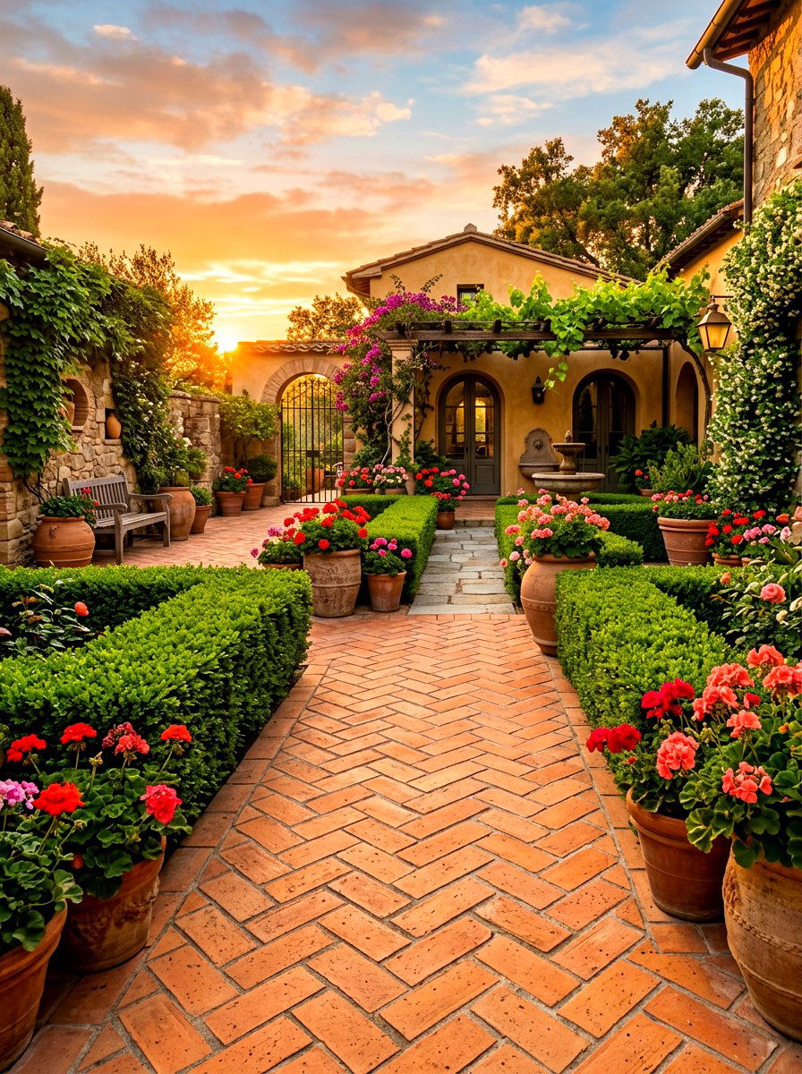 Terracotta tile courtyard - 30 Mediterranean front courtyard ideas