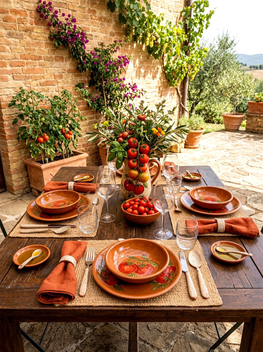 Terracotta tomato table setting - 30 tomato tablescape ideas