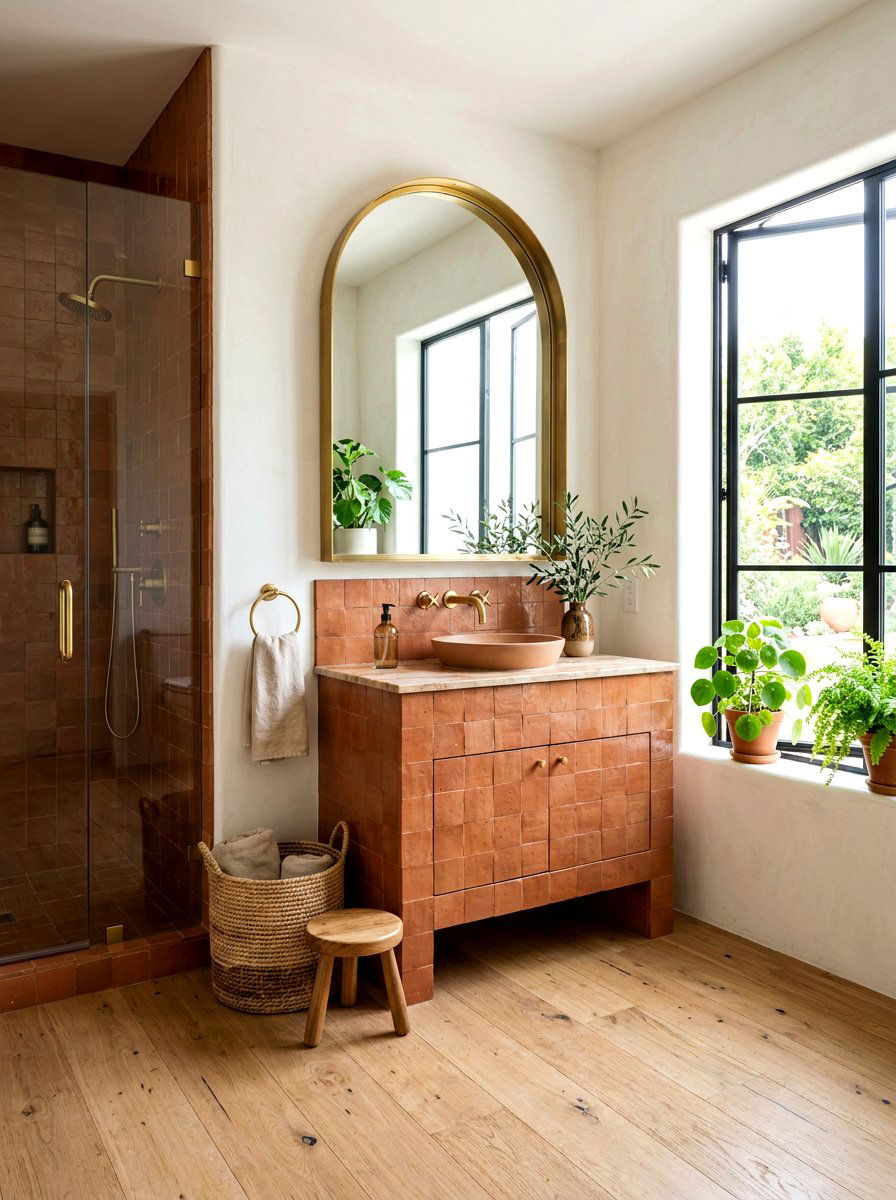 Terracotta vanity with arched mirror - 30 terracotta bathroom vanity ideas