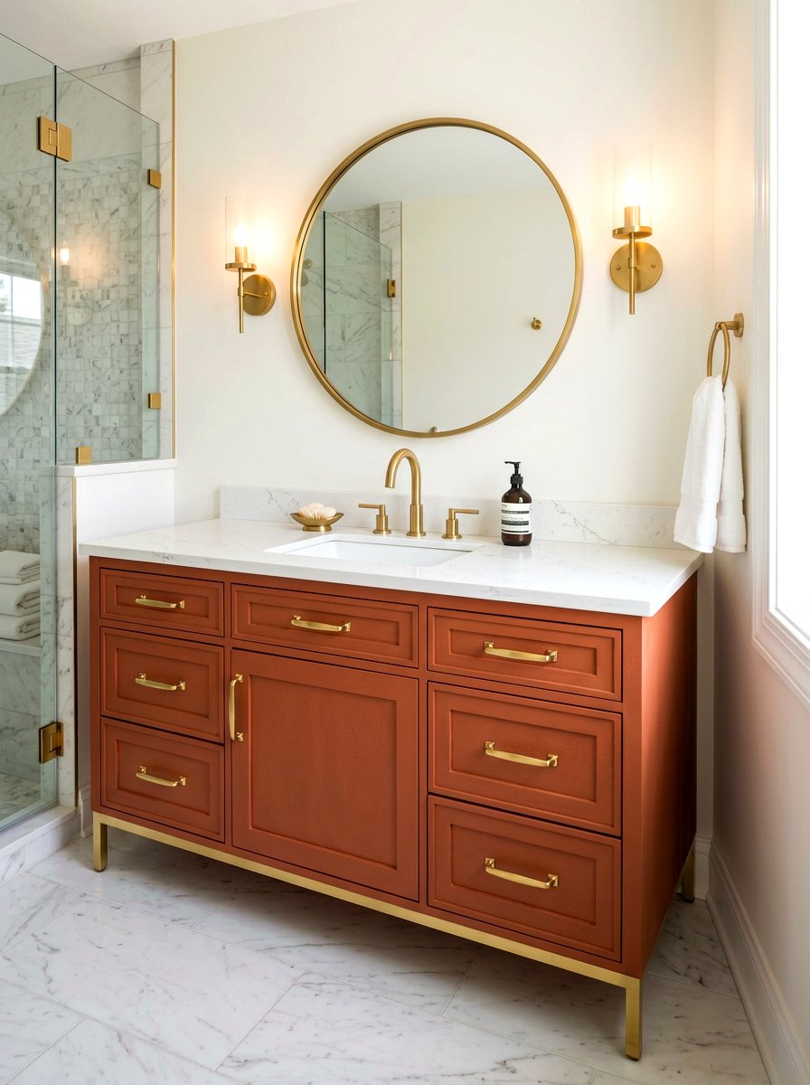 Terracotta vanity with brass accents - 30 terracotta bathroom vanity ideas