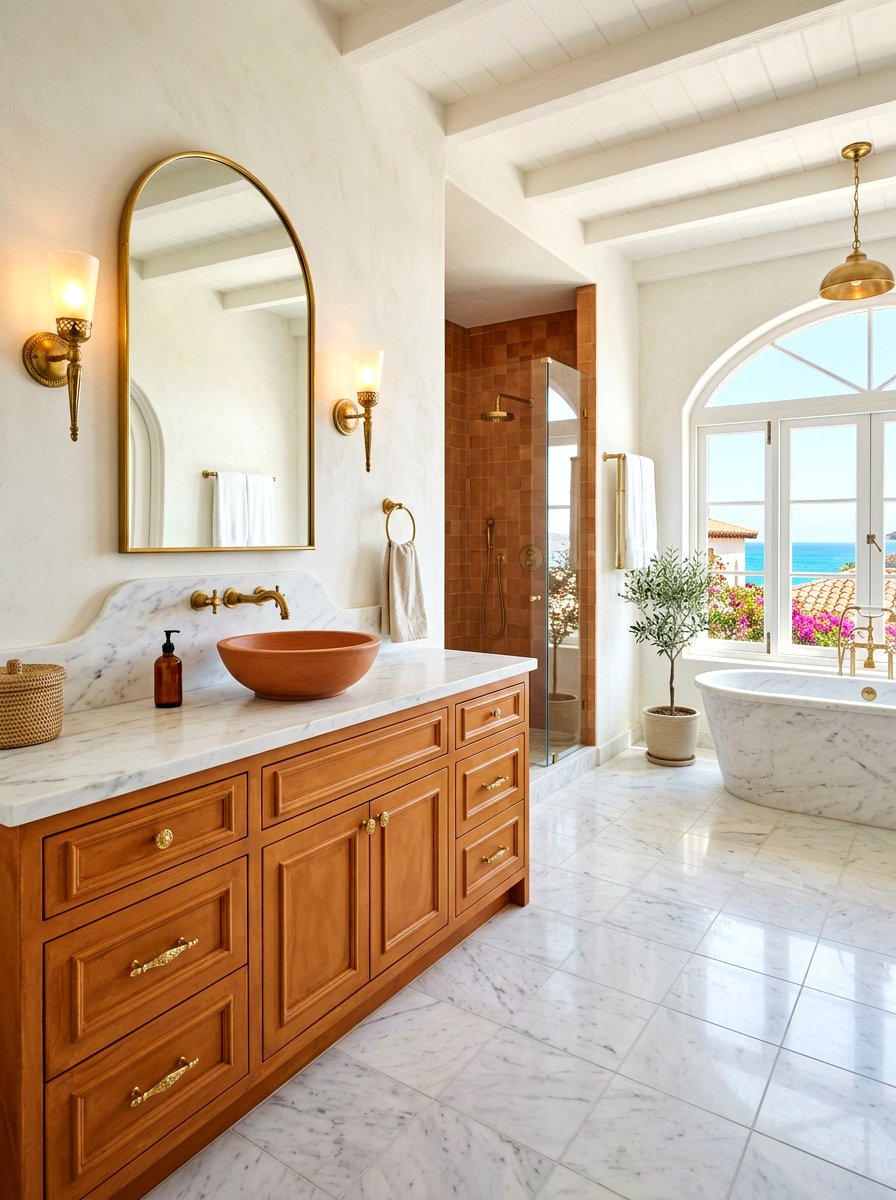 Terracotta vanity with gold hardware - 30 terracotta bathroom vanity ideas