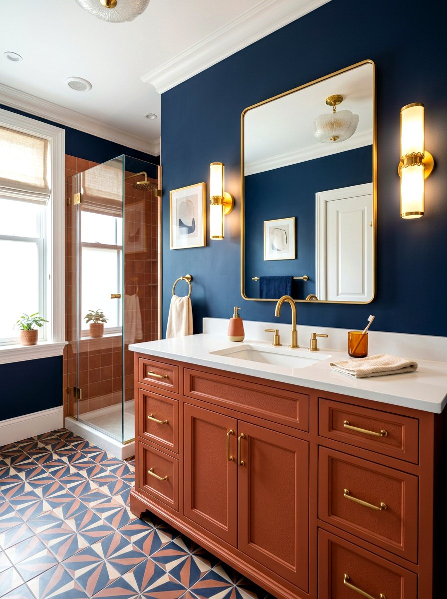 Terracotta vanity with navy blue walls - 30 terracotta bathroom vanity ideas