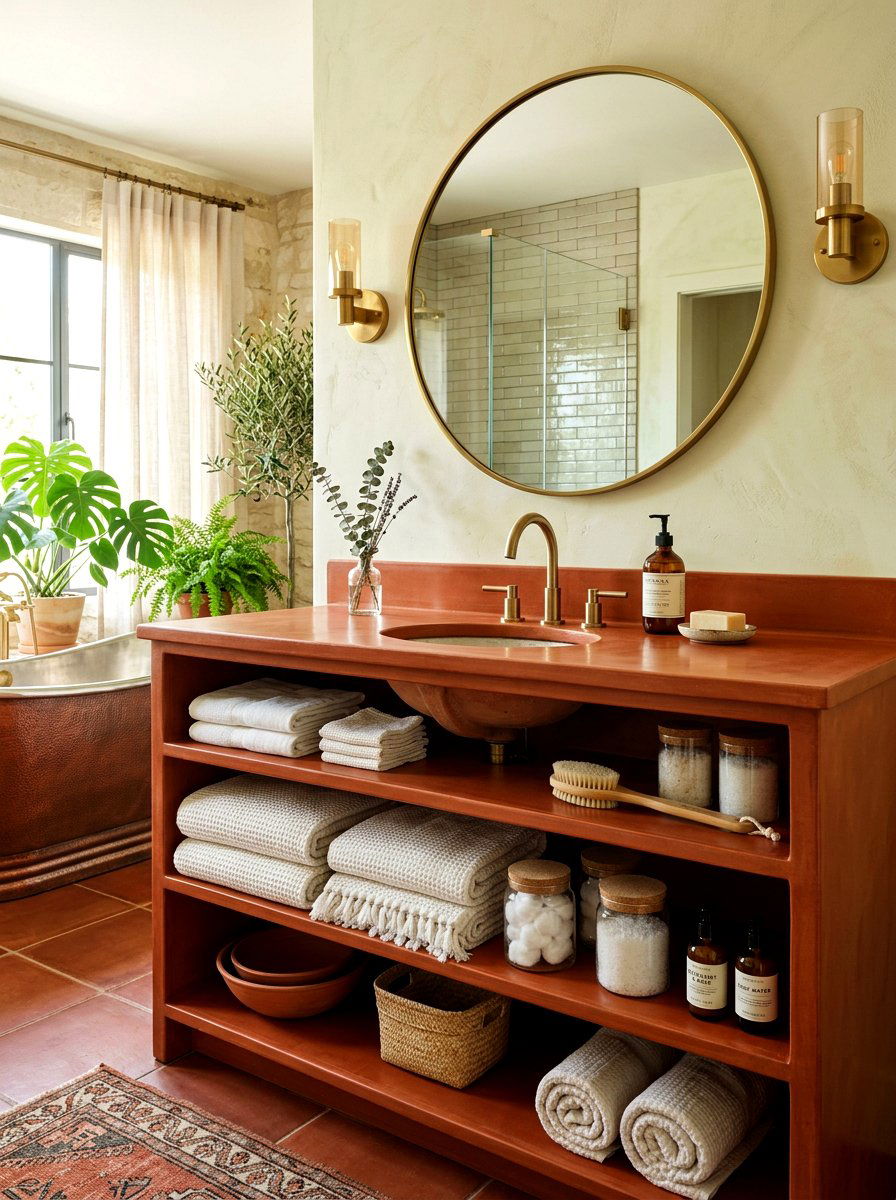 Terracotta vanity with open shelves - 30 terracotta bathroom vanity ideas