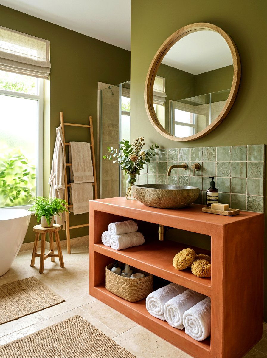 Terracotta vanity with sage green tiles - 30 terracotta bathroom vanity ideas
