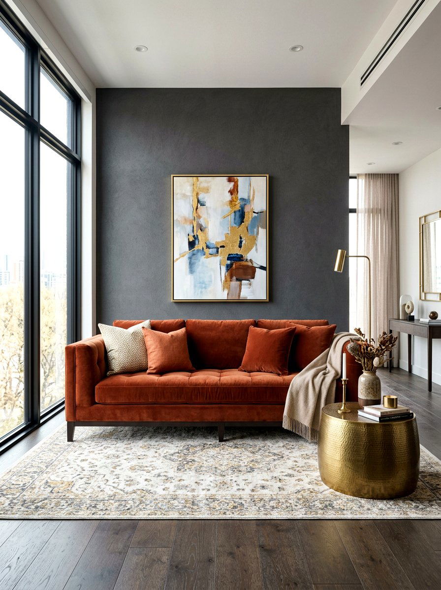 Terracotta velvet sofa - 30 terracotta decor ideas