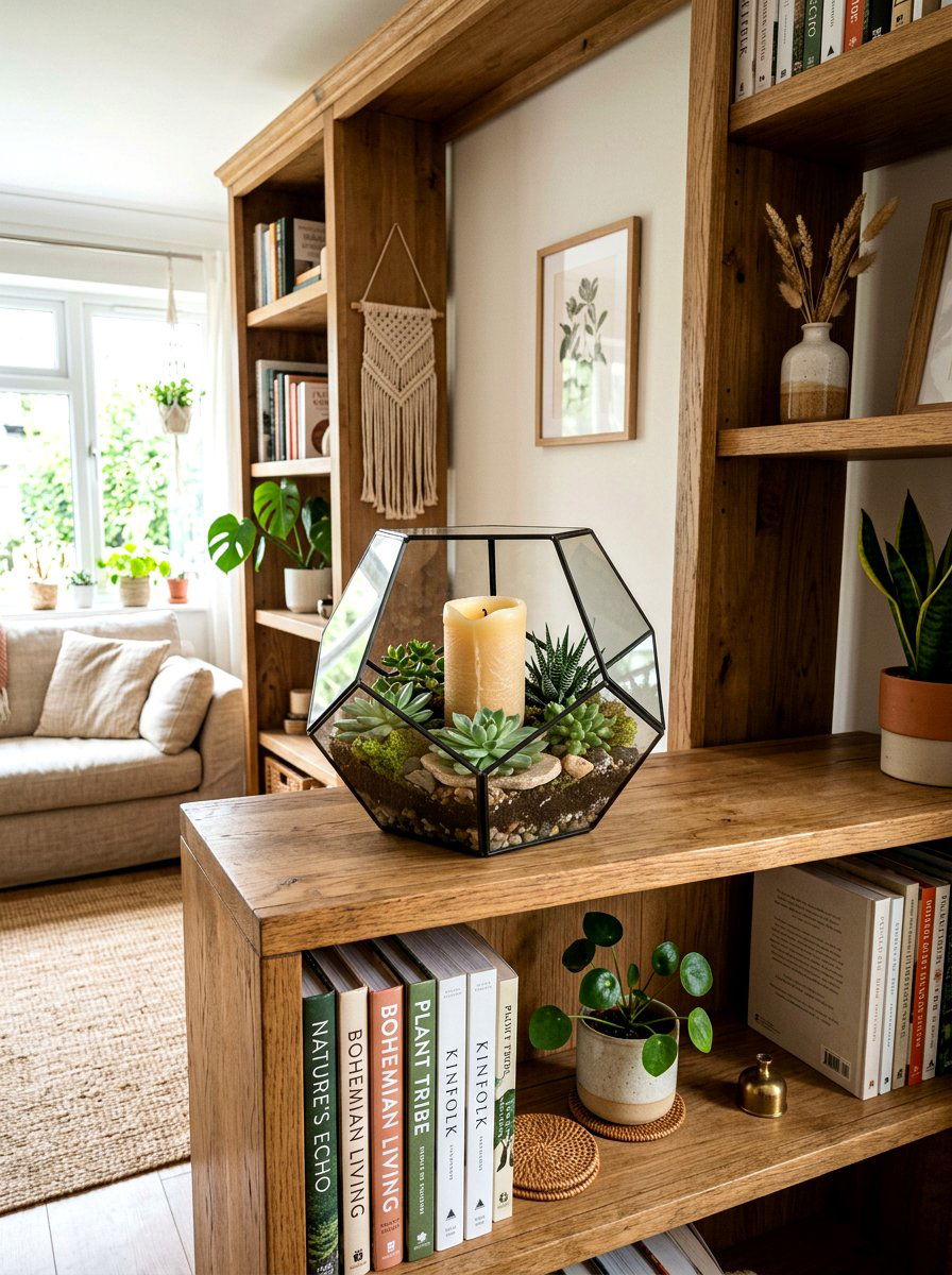 Terrarium Candle Display With Succulents - 30 candle decor ideas