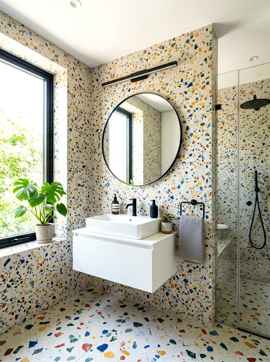 Terrazzo Bathroom Walls - 30 guest powder room decor ideas