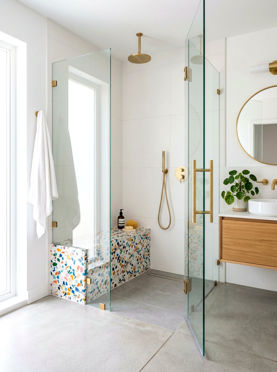 Terrazzo Shower Bench - 30 shower bench styling ideas