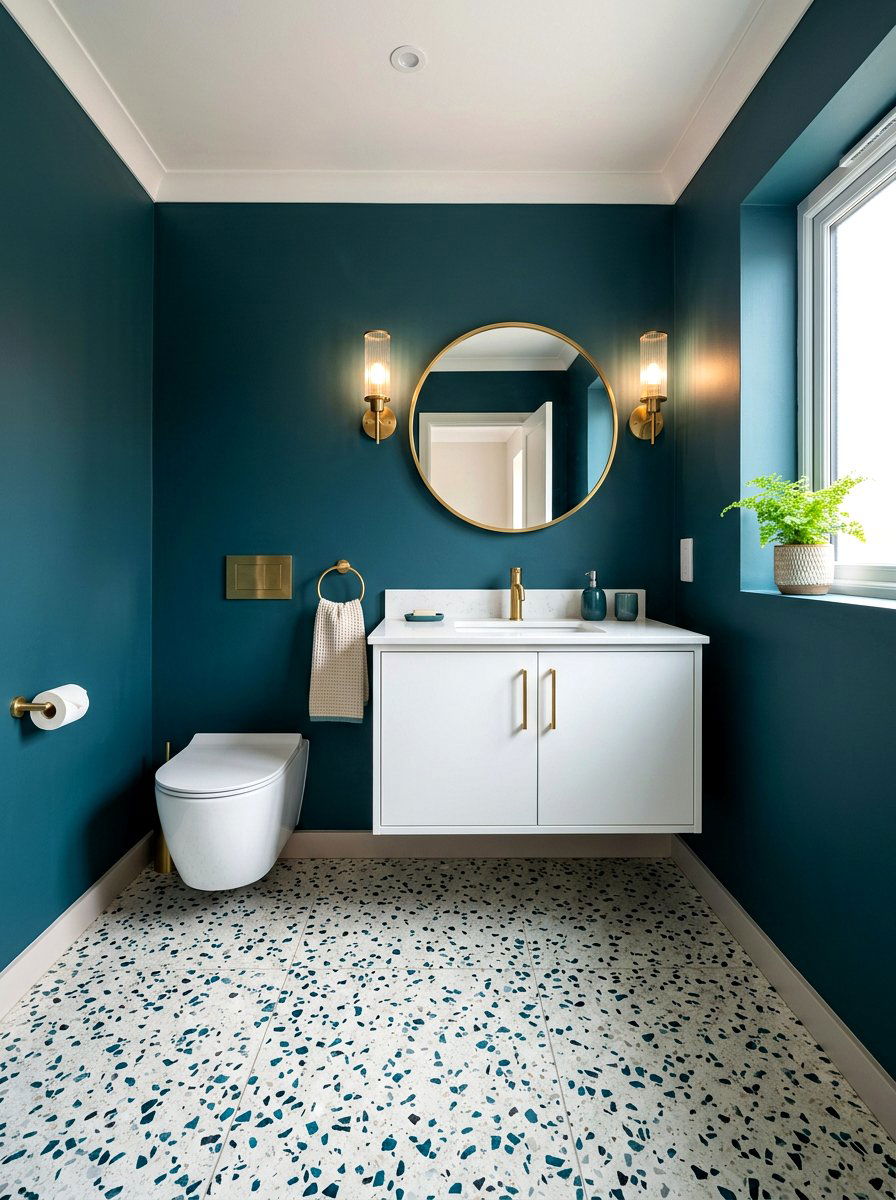 Terrazzo Stone Floor - 30 deep teal powder room ideas
