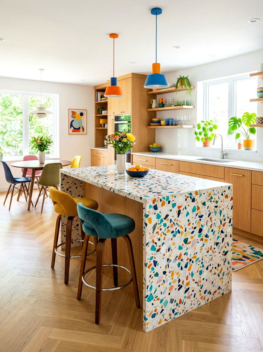 Terrazzo Waterfall Kitchen Island - 30 waterfall countertop ideas