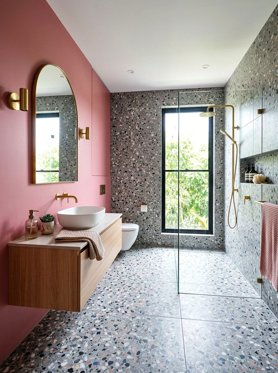 Terrazzo and solid color bathroom - 30 color blocked bathroom ideas
