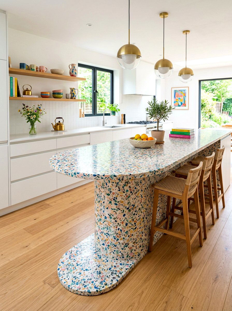 Terrazzo curved island - 30 curved kitchen island ideas