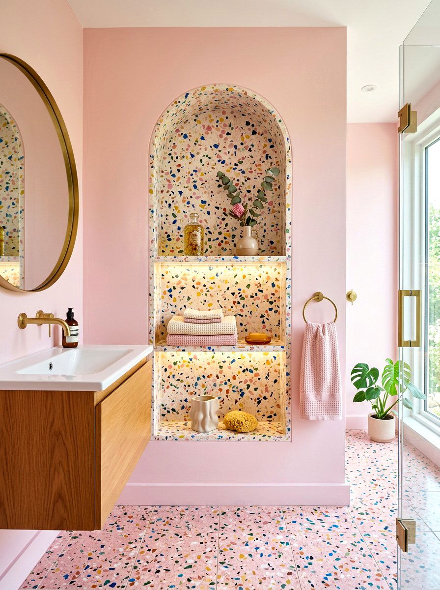 Terrazzo finish wall niche - 30 tub niche ideas
