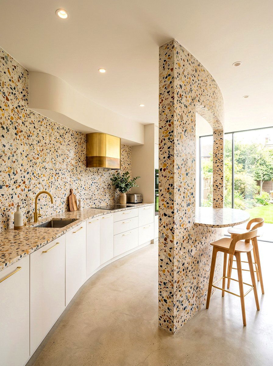 Terrazzo finished curved wall - 30 curved partition wall ideas