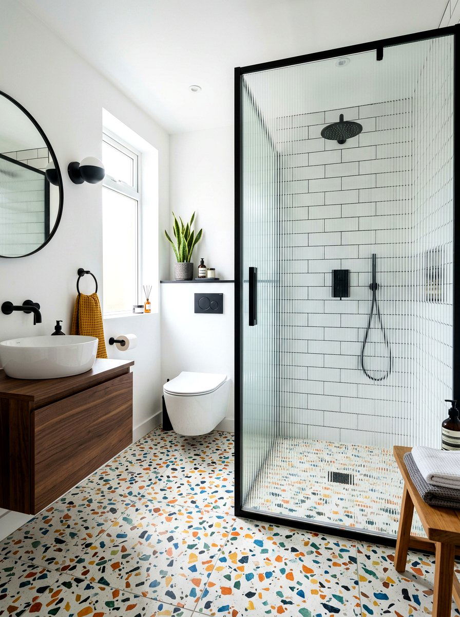Terrazzo floor ribbed glass shower - 30 ribbed glass shower ideas