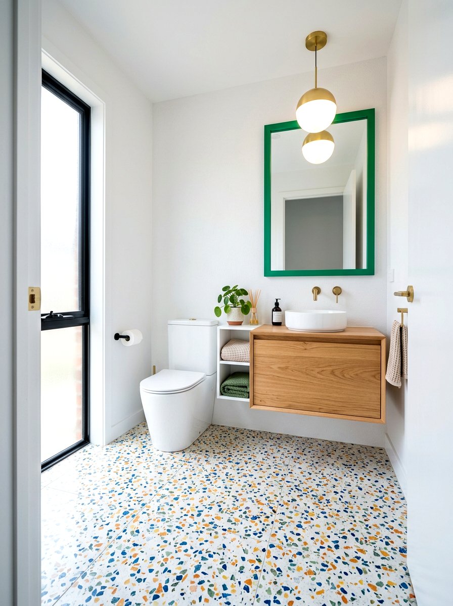 Terrazzo floor tile powder room - 30 jewel box powder room ideas