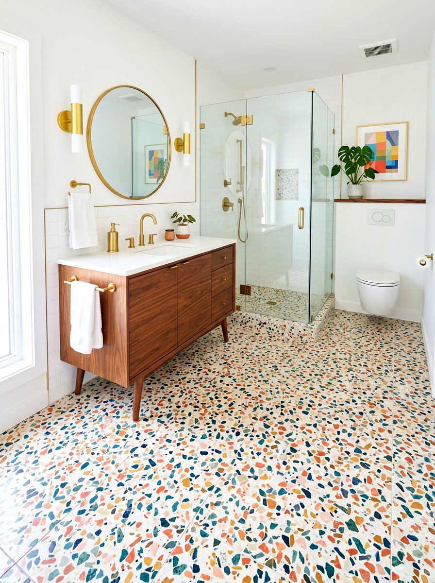 Terrazzo pattern floor tile - 30 removable tile bathroom ideas