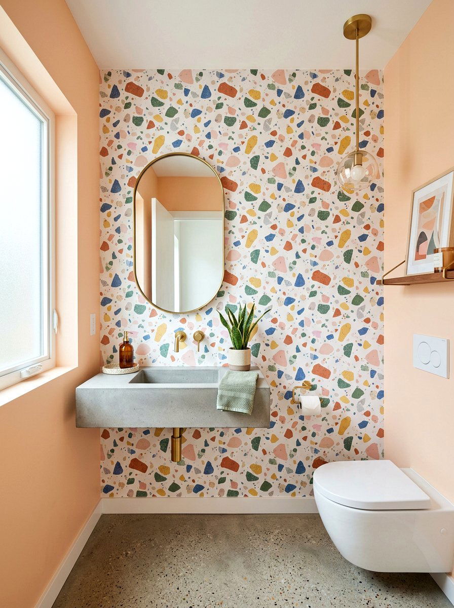 Terrazzo print wallpaper powder room - 30 wallpaper accent wall ideas