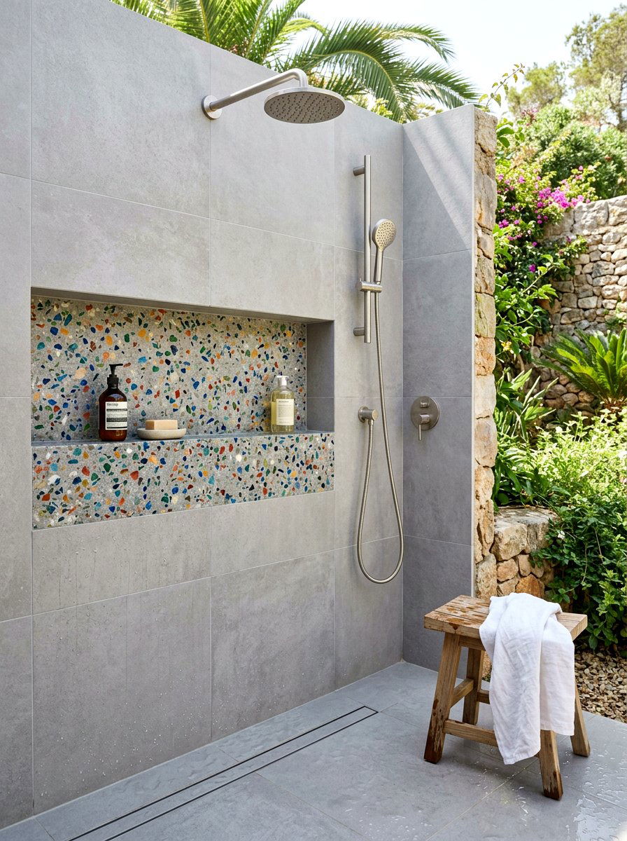 Terrazzo shower shelf - 30 niche tile contrast ideas