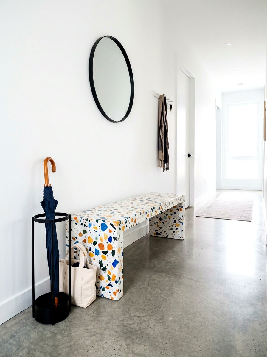 Terrazzo stone entry bench - 30 sculptural entry bench ideas