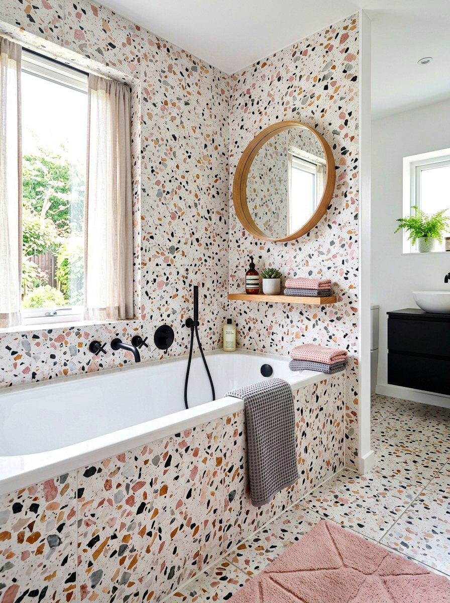 Terrazzo tile tub nook - 30 tub nook bathroom ideas