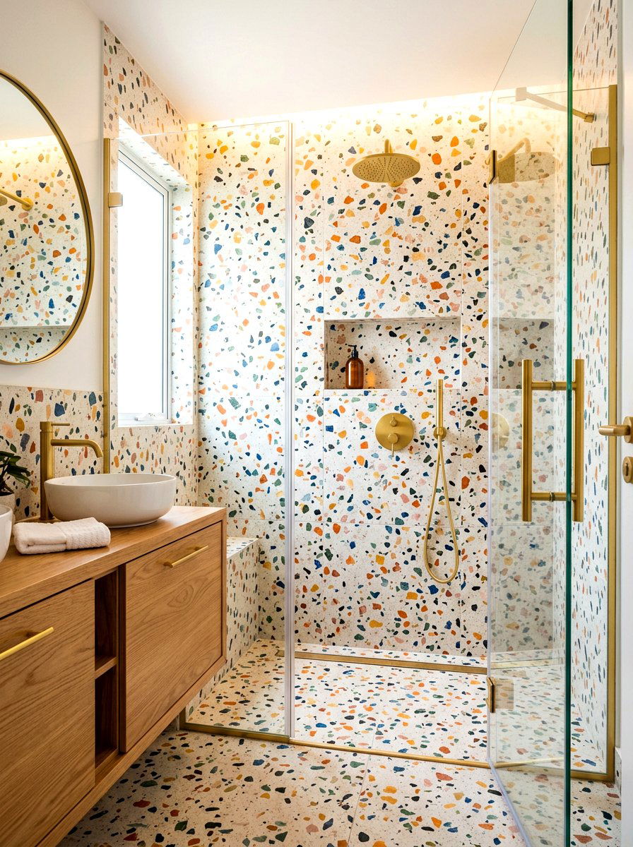 Terrazzo tile walk in shower - 30 spa shower bathroom ideas