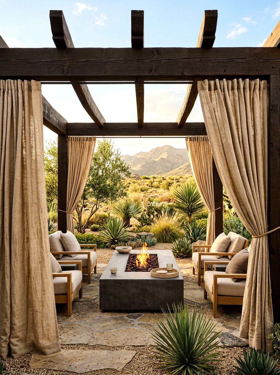 Textural linen pergola retreat - 30 pergola privacy curtain ideas