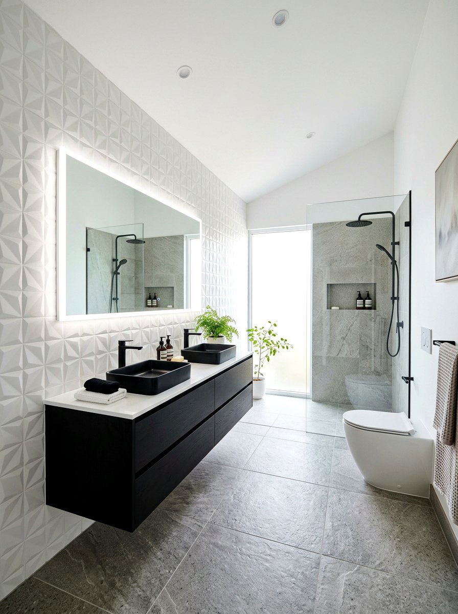 Textured 3D Tile White Grout - 30 light grout bathroom ideas